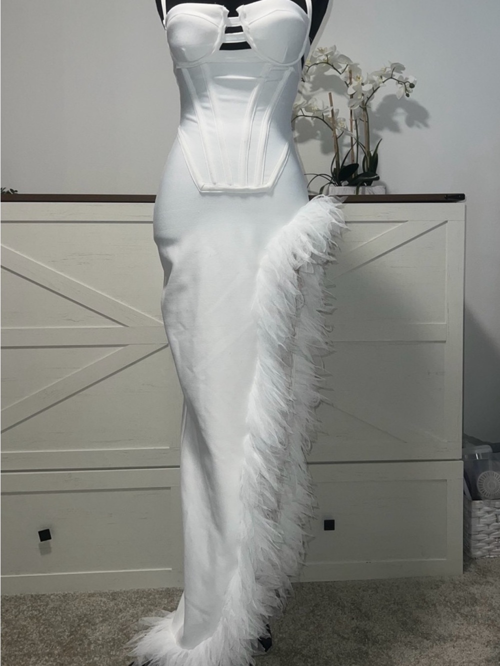 Fashion Nova White Feather-Trim Corset Gown